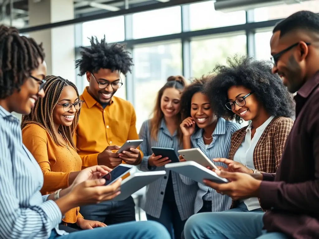 A professional finance team celebrating a successful and quick financial close, using Rillet ERP on their laptops and tablets in a modern office setting. The image should convey efficiency and satisfaction.